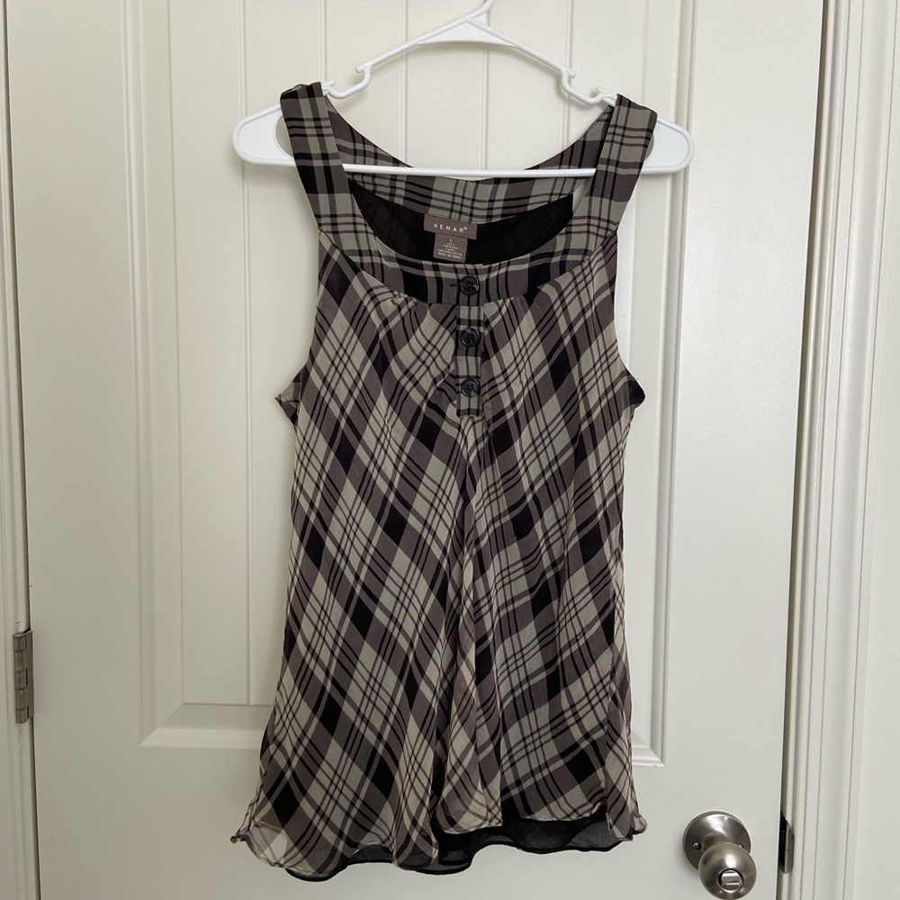 NWOT Kenar‎ women’s plaid high neck button neck silk lined blouse large